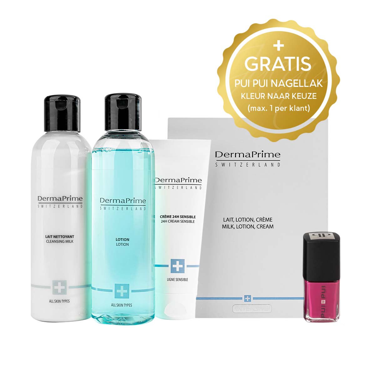 DermaPrime Cleansing Box Sensible – Droge & gevoelige huid – 3 items + gratis nagellak