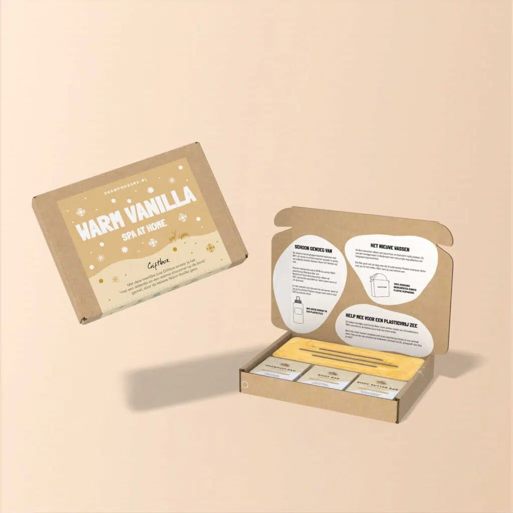 Giftbox ShampooBars Warm Vanilla Spa at home – 3 bars + bamboe plank