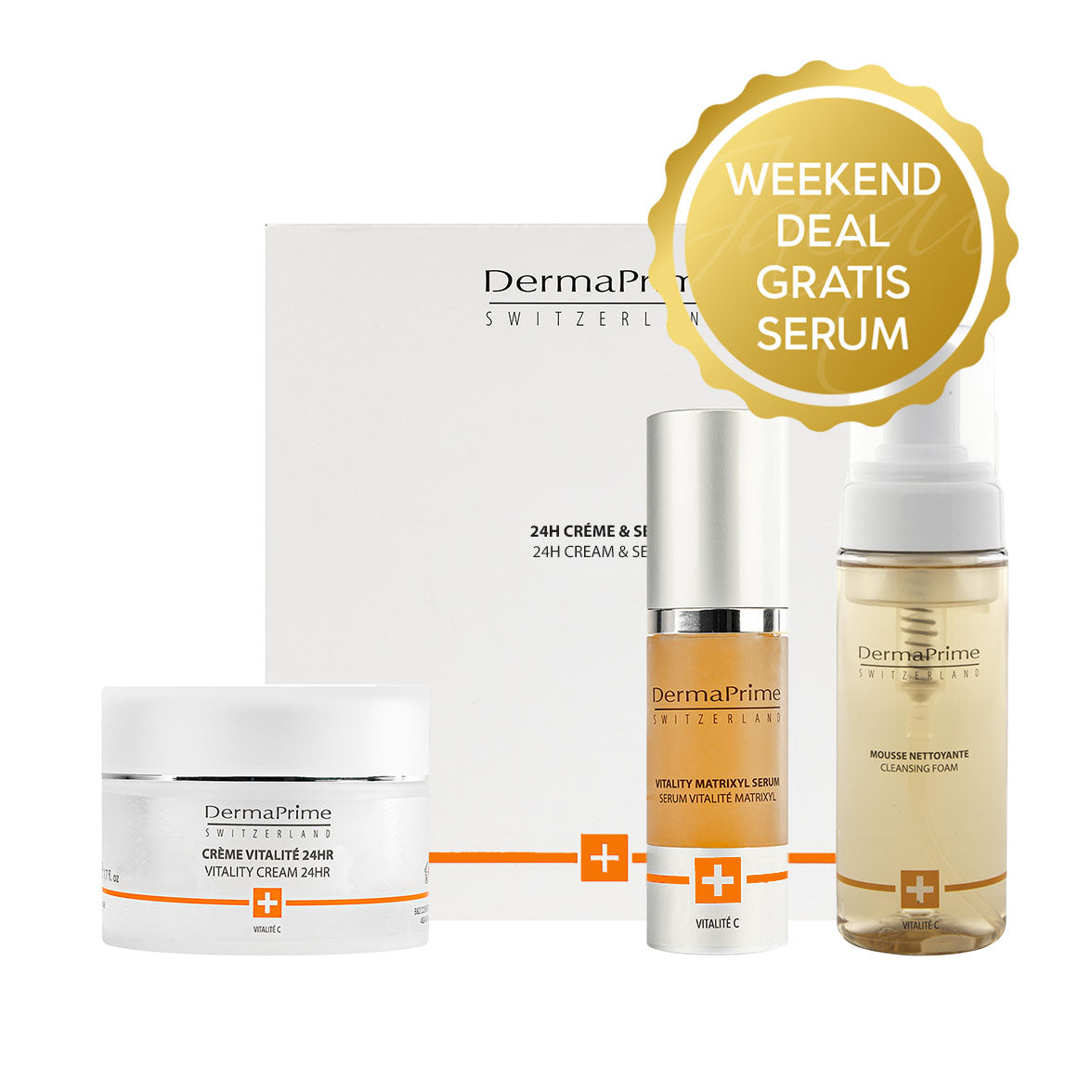 DermaPrime – Vitamine C Actiepakket – Crème Vitalité 24hr + Foam + GRATIS Vitamine C Serum